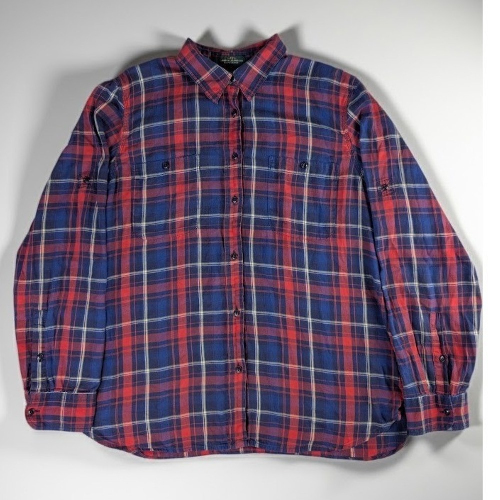 Lauren Ralph Lauren Jeans Co Plaid Light Flannel Shirt XL Roll Tab Sleeve